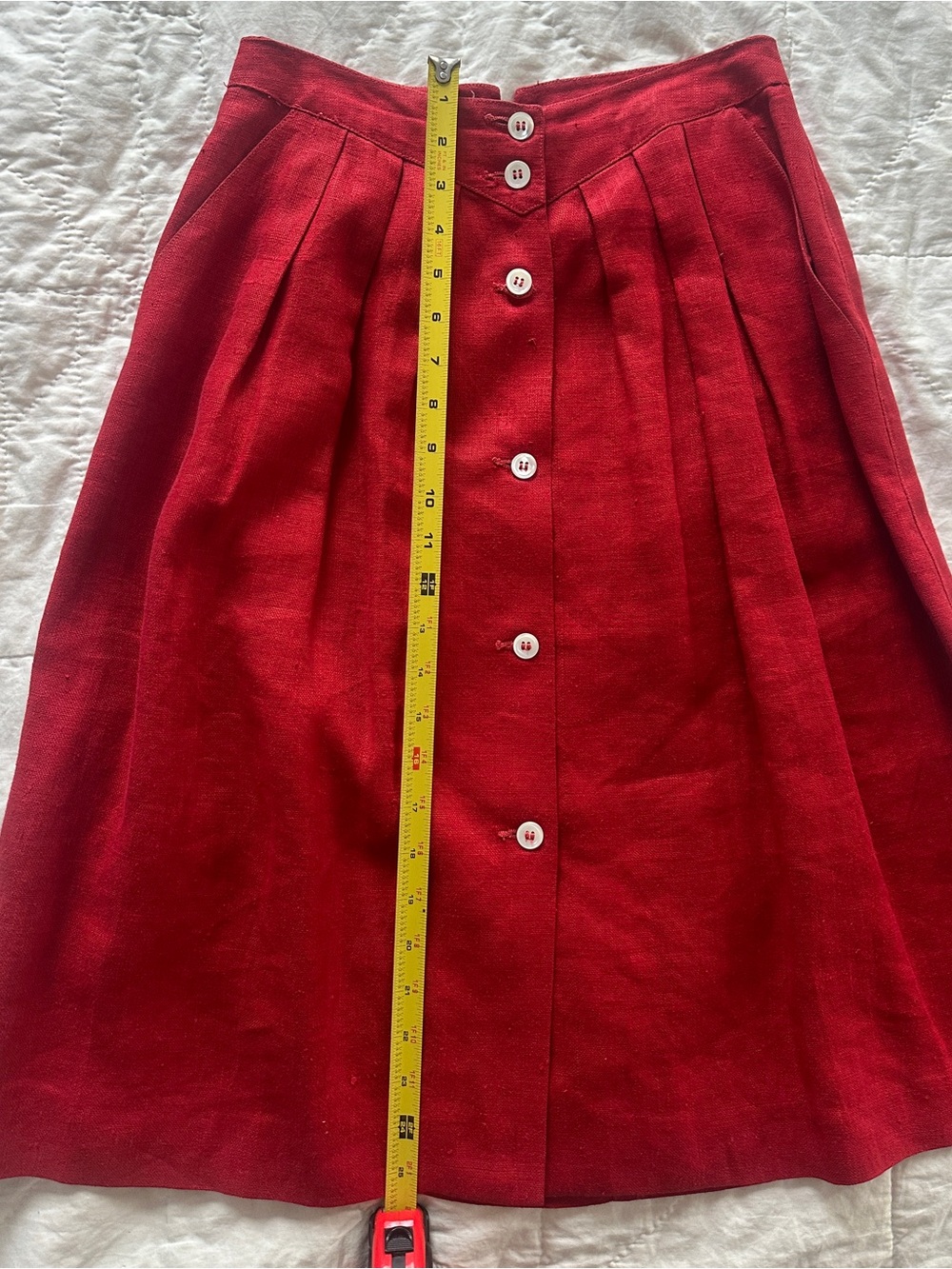 100 % Linen Vintage Liz Claiborne Red Button-Front Princess Pleat A-Line Skirt - Picture 8 of 8